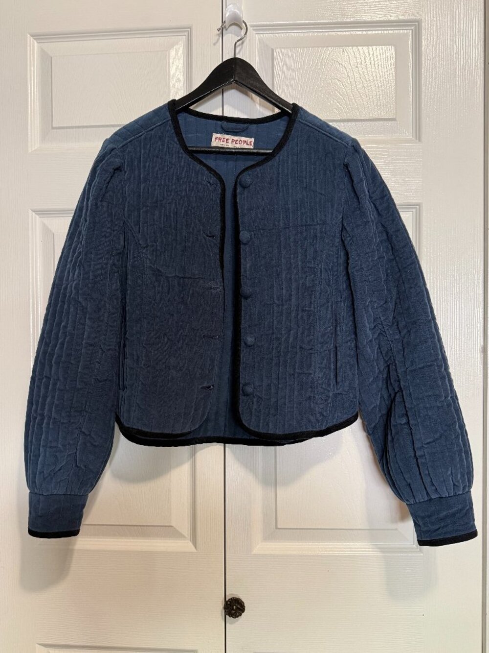 Free People Natalia Quilted Velvet Jacket Indigo Blue Cropped Boho Size XS